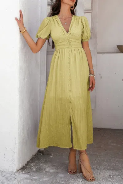 TRUEDAMES SOLID V NECK PUFF SLEEVES SOLID KNOT DETAIL DRESS