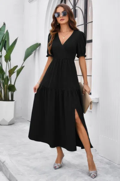 Truedames Solid V Neck Ruched High Waist Puff Sleeve Dress In Black