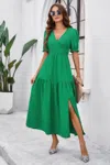 Truedames Solid V Neck Ruched High Waist Puff Sleeve Dress In Green