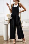 Truedames Button Detail Wide Leg Overall Pockets Jumpsuit In Black