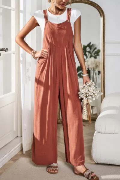 Truedames Solid Wide Leg Pocketed Shoulder Tie Overalls In Brown