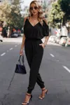Truedames Solid Wrap V Neck Cold Shoulder Outfits Jumpsuit In Black