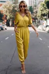 Truedames Solid Wrap V Neck Cold Shoulder Outfits Jumpsuit In Yellow