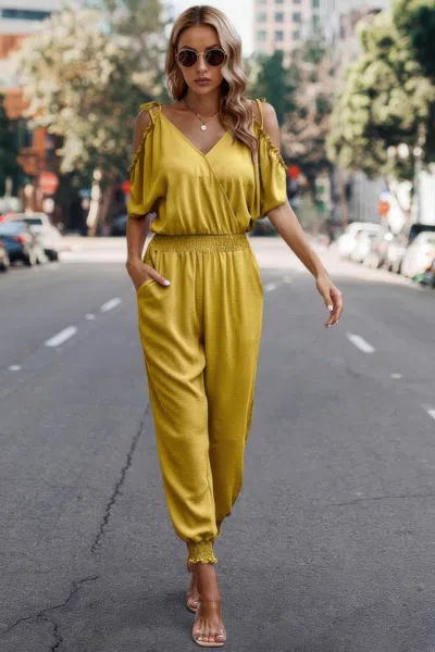 Truedames Solid Wrap V Neck Cold Shoulder Outfits Jumpsuit In Yellow