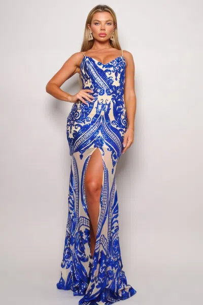 Truedames Spaghetti Strap Art Deco Sequins Maxi Dress In Blue