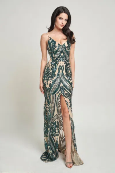 Truedames Spaghetti Strap Art Deco Sequins Maxi Dress In Green