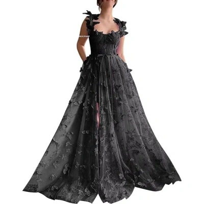 Truedames Spaghetti Strap Flower Fairy High-end Gown Banquet Party Elegant Evening Dress In Black