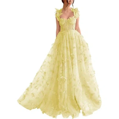 Truedames Spaghetti Strap Flower Fairy High-end Gown Banquet Party Elegant Evening Dress In Yellow