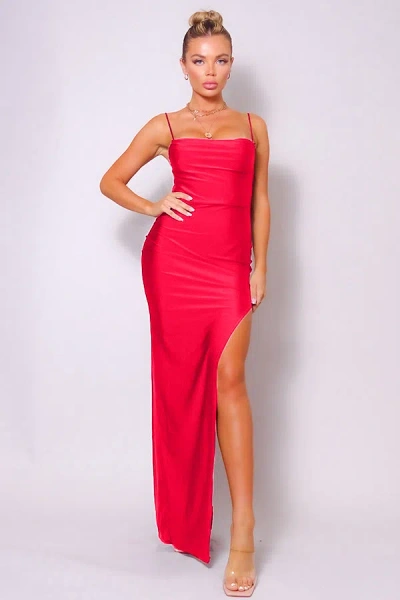 Truedames Spaghetti Strap Pleated Bust Front Slit Maxi Dress In Red