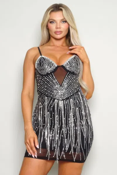 Truedames Spaghetti Strap Rhinestone Hot Fix Mini Dress In Black