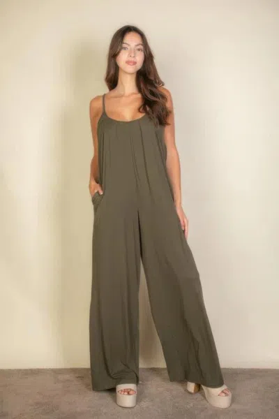 Truedames Spaghetti Strap Solid Wide Jumpsuit In Green