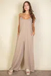 Truedames Spaghetti Strap Solid Wide Jumpsuit In Neutral