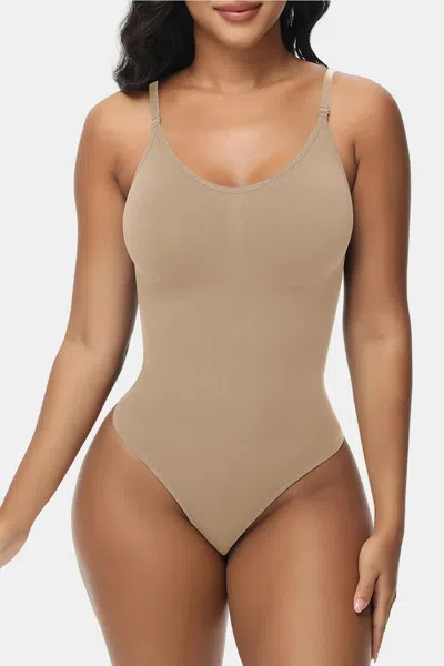 Truedames Spaghetti Strap Tummy Control Bodysuit In Brown