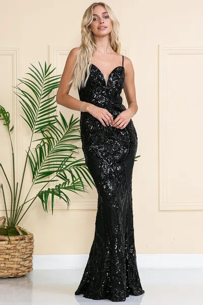 Truedames Spaghetti Straps Long Sequin Prom Gown In Black