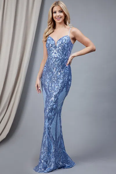 Truedames Spaghetti Straps Long Sequin Prom Gown In Blue