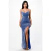 Truedames Sparkling Knit Jacquard Side Gather Spaghetti Gown In Blue