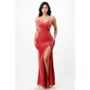 Truedames Sparkling Knit Jacquard Side Gather Spaghetti Gown In Red