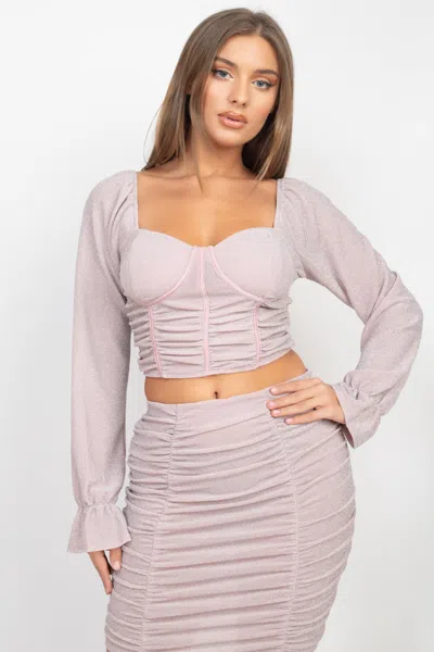 Truedames Sparkling Long Sleeves Ruching Back & Skirts Set In Pink