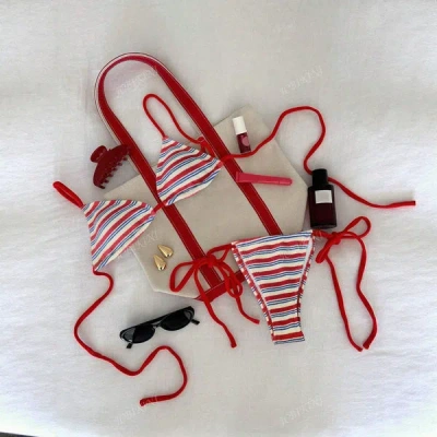 Truedames Special Fabric Striped Low Waist Bikini Sexy Two Piece Swimwear For Women In Red