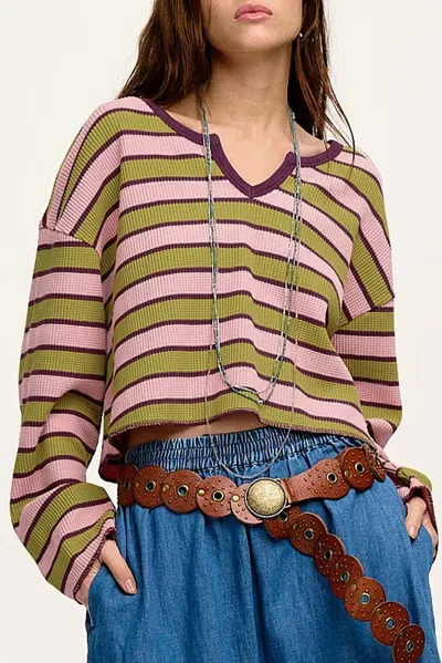 Truedames Spinach Clashing Stripes Waffle Texture Notched Neck Long Sleeve Top In Green