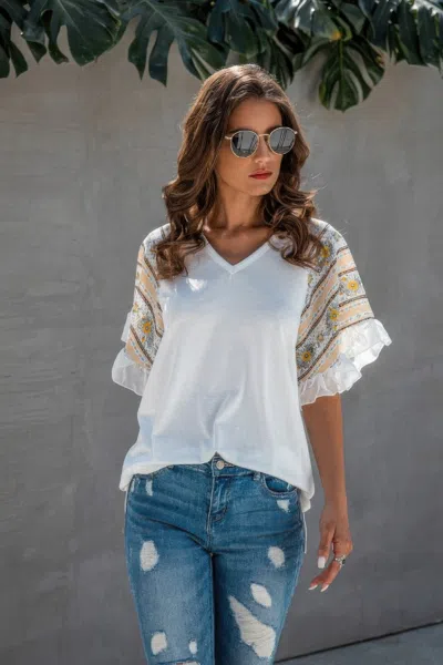Truedames Splicing Print V Neck Ruffle Elegant Top In White
