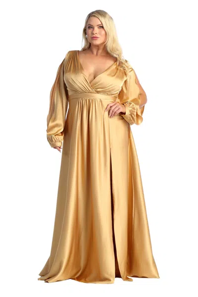 Truedames Split Long Sleeve V-neck Bridesmaid Dress In Gold