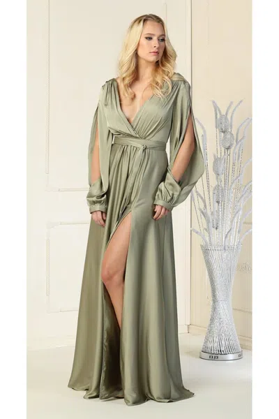 Truedames Split Long Sleeve V-neck Bridesmaid Dress In Green