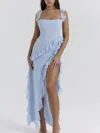 Truedames Split Ruffled Square Neck Maxi Dress In Blue