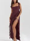 Truedames Split Ruffled Square Neck Maxi Dress In Brown
