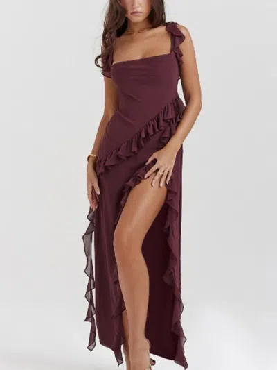 Truedames Split Ruffled Square Neck Maxi Dress In Brown