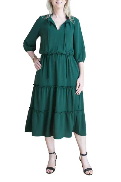 Truedames Split Tie Neck 3/4 Sleeve Solid Tiered Silhouette Crepe Dress In Green
