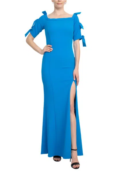 Truedames Square Neck Bow Shoulder Detail Short Sleeve Sheath Zipper Back Slit Side Solid Scuba Gown In Blue