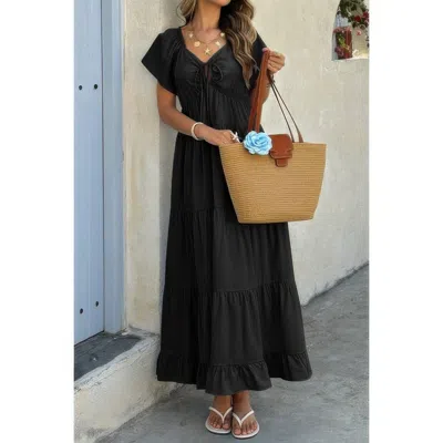 TRUEDAMES SQUARE NECK CROSS KNOT POCKETS RUFFLE HEM DRESS