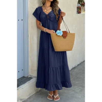 Truedames Square Neck Cross Knot Pockets Ruffle Hem Dress In Blue