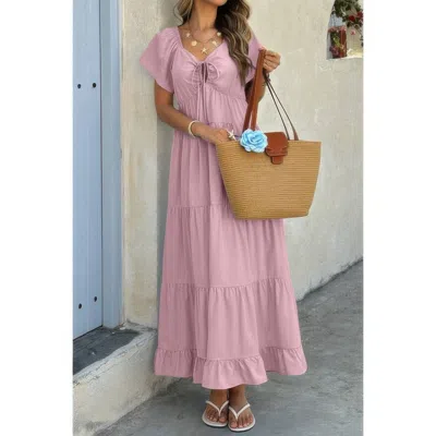 Truedames Square Neck Cross Knot Pockets Ruffle Hem Dress In Pink