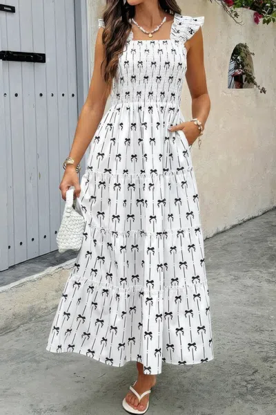 Truedames Square Neck Print Pocket Fit Sleeveless Dress In White