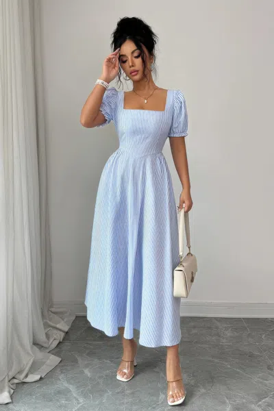 Truedames Square Neck Puff Sleeve Backless Bow Tied Striped Flowy Dress In Blue