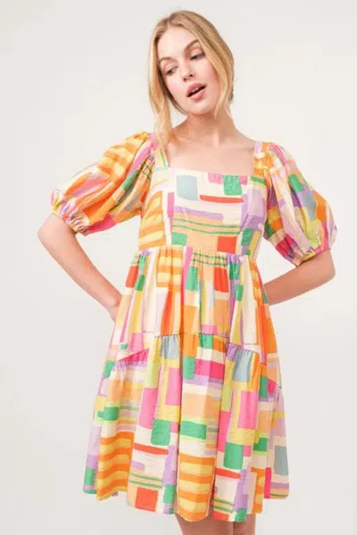 Truedames Square Neck Puff Sleeve Geo Printed Mini Dress In Brown