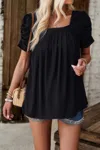 Truedames Square Neck Puff Sleeve Tunic Tops Eyelet Shirt In Blue