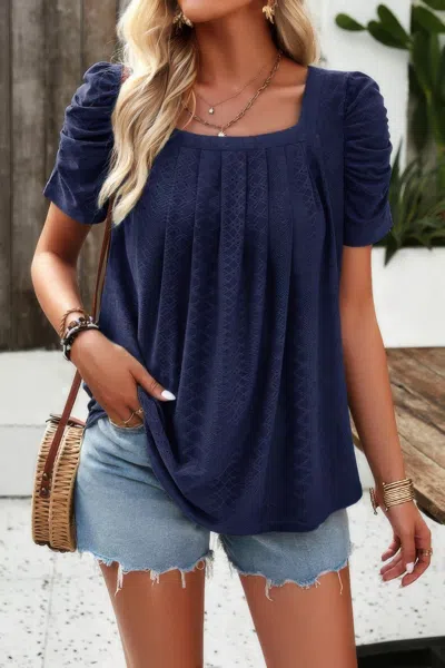Truedames Square Neck Puff Sleeve Tunic Tops Eyelet Shirt In Blue