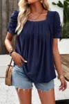 Truedames Square Neck Puff Sleeve Tunic Tops Eyelet Shirt In Blue