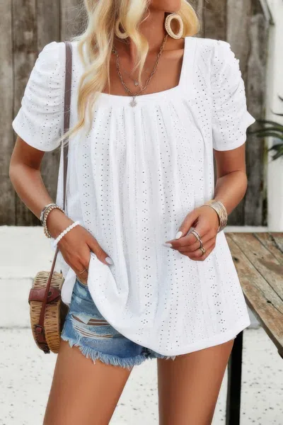 Truedames Square Neck Puff Sleeve Tunic Tops Eyelet Shirt In White