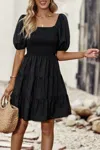 Truedames Square Neck Ruched Balloon Sleeve Smocked Midi Dress In Black