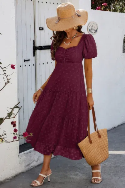 Truedames Square Neck Swiss Dot Ruffle Puff Sleeves Dress In Purple