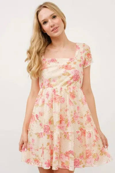 Truedames Square Neck Tiered Floral Fishnet Dress In Pink