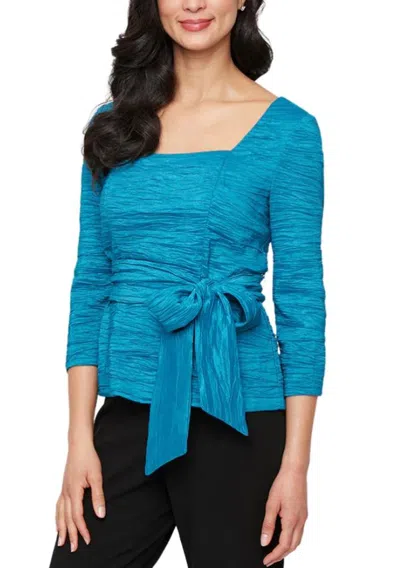 Truedames Square Neckline Quarter Sleeves With Waist Ribbon Details Top Textured Aqua Dress In Blue