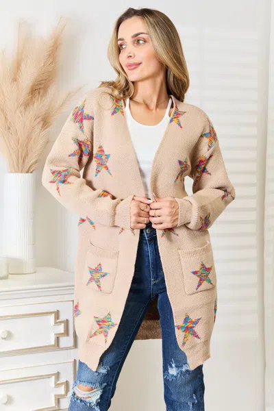 Truedames Star Pattern Open Front Longline Cardigan In Sand
