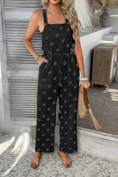 Truedames Star Print Button Tie Pockets Drawstring Jumpsuit In Black
