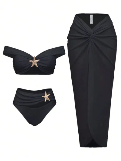Truedames Starfish Three Piece Split Swimsuit Women's Bikini With Long Skirt In Black