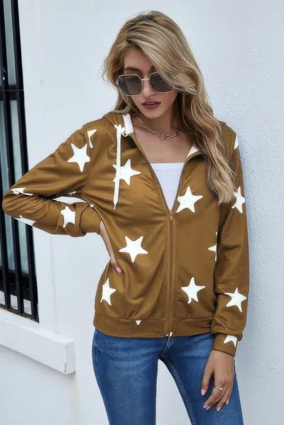 Truedames Stars Print Zip Up Long Sleeve Drawstring Hoodie In Brown